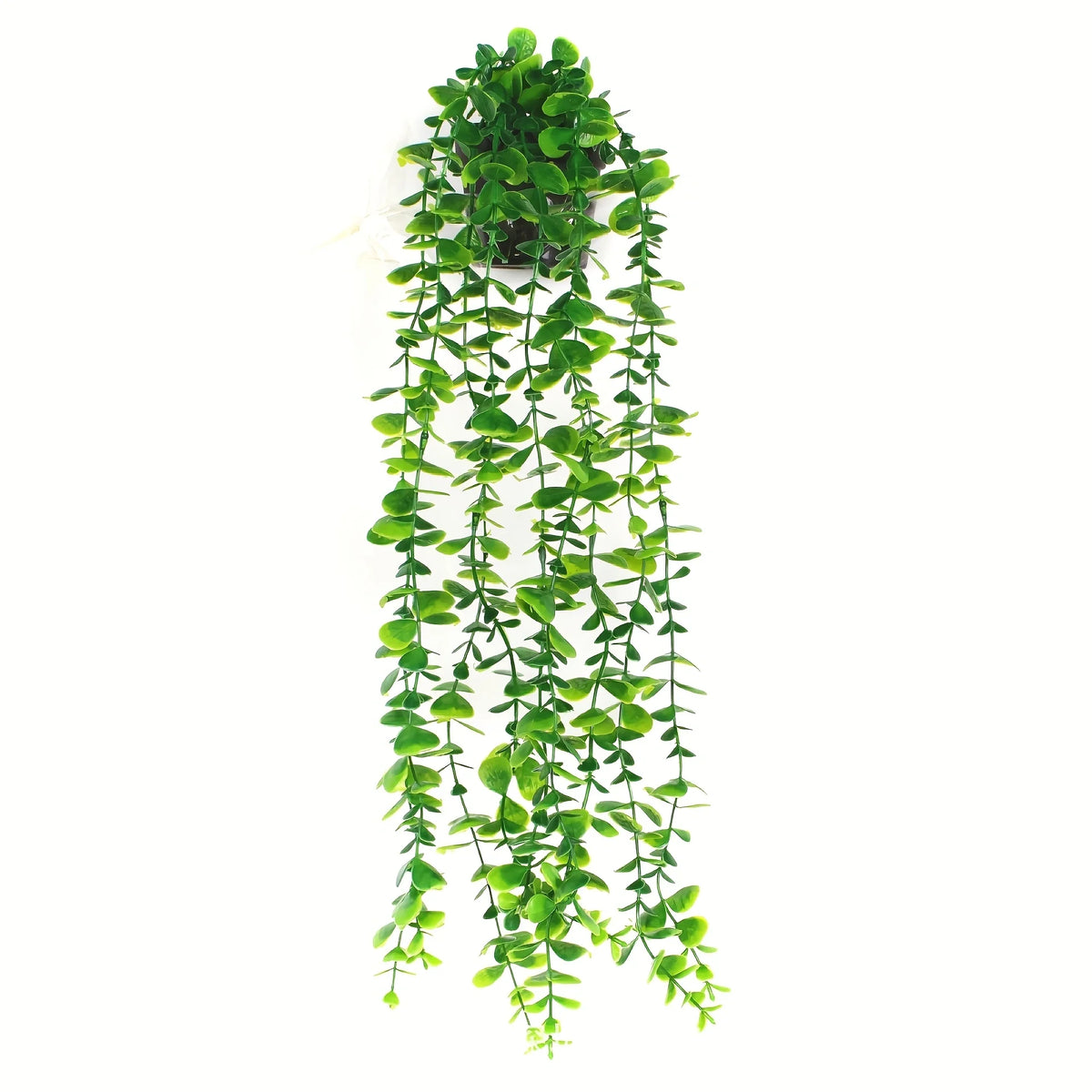 A vertical arrangement of artificial hanging plants with vibrant green foliage.