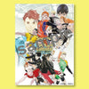 A vibrant anime poster featuring several characters from Haikyuu in dynamic poses on a light background.