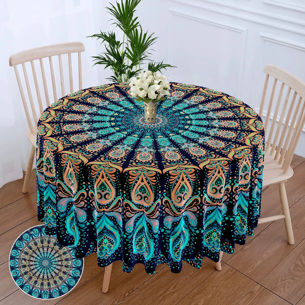 Bohemian peacock mandala round tablecloth featuring teal and orange patterns on a table.