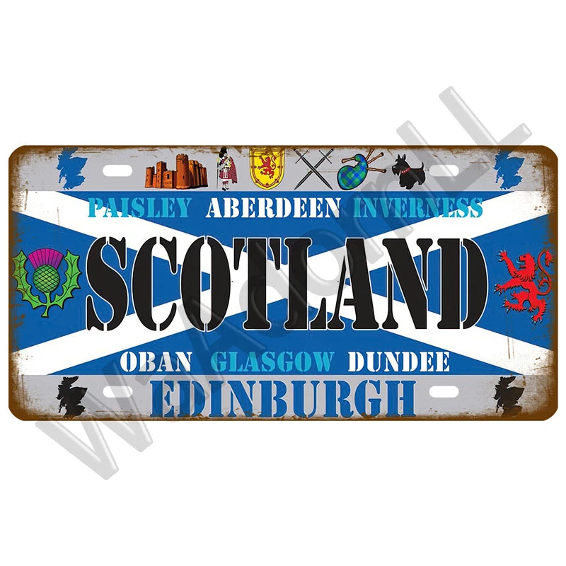 Vintage metal tin sign featuring Scottish cities and regions like Paisley, Aberdeen, Inverness, Scotland, Oban, Glasgow, Dund