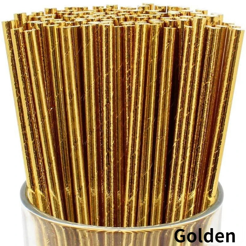 A close-up view of a pack of golden biodegradable paper drinking straws.