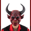 A realistic devil head mask with horns and a fierce expression, worn by a person wearing a red shirt.
