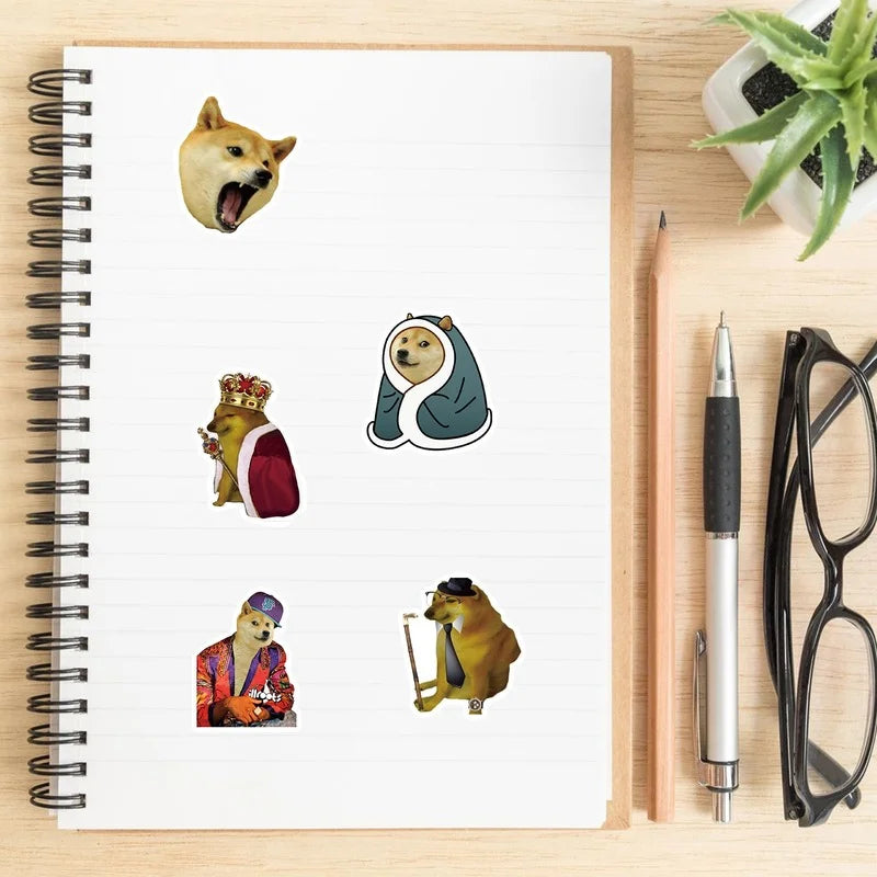 A spiral notebook page featuring various funny cartoon dog memes and illustrations.