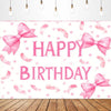 Pink bow tie birthday party backdrop banner featuring pink ribbons and confetti on a white background