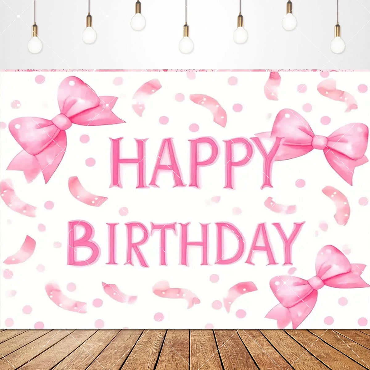 Pink bow tie birthday party backdrop banner featuring pink ribbons and confetti on a white background