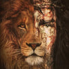 A close-up painting depicting the face of a lion merged with a warrior, featuring earthy tones and dramatic lighting.