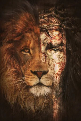 A close-up painting depicting the face of a lion merged with a warrior, featuring earthy tones and dramatic lighting.