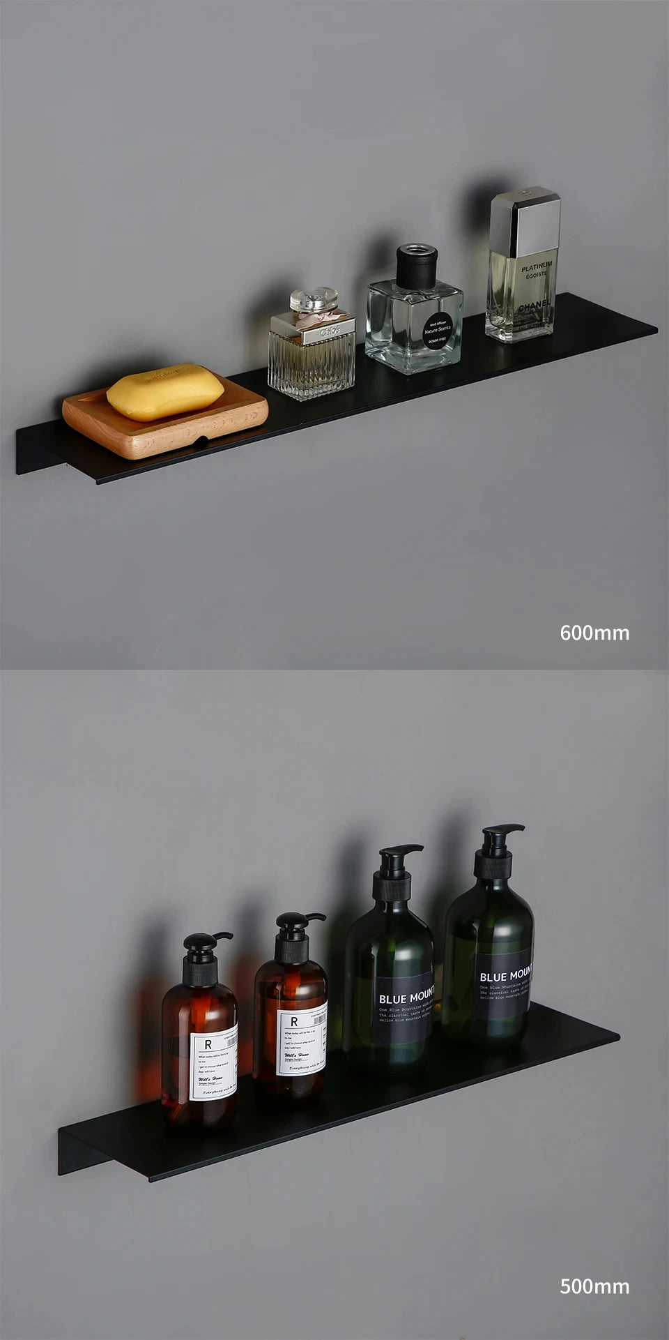 Modern matt black wall shelf displaying various glass and amber bottles for bathroom or kitchen