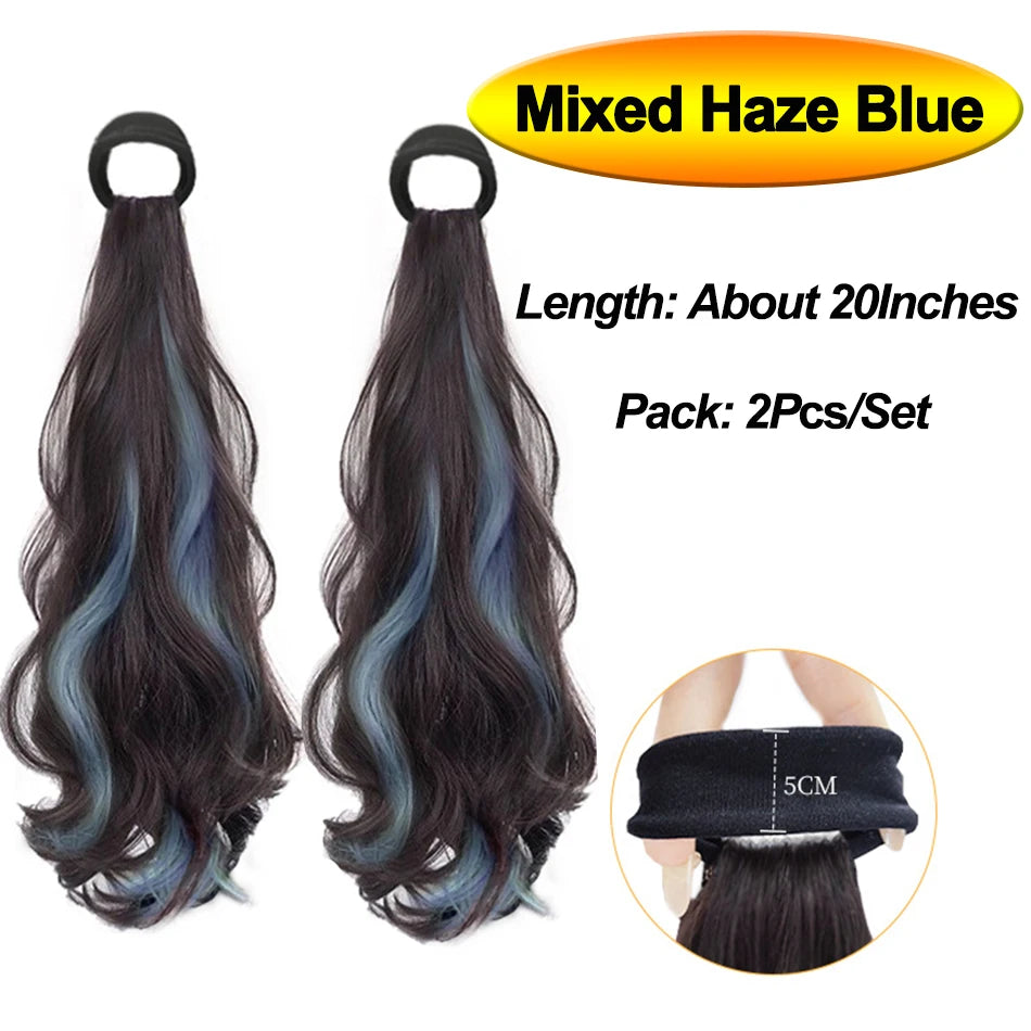A pair of Mixed Haze Blue hair extensions with a 20-inch length and a 5cm band shown for sale.