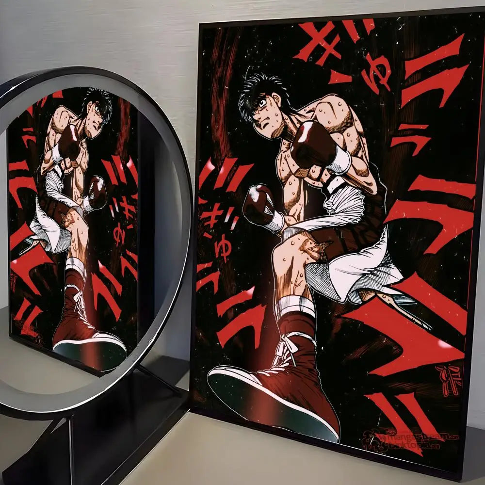A canvas poster featuring a dynamic illustration of a boxer in action against a dark background.