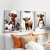 Wall art featuring a Highland cow painting in a rustic style with a white background.