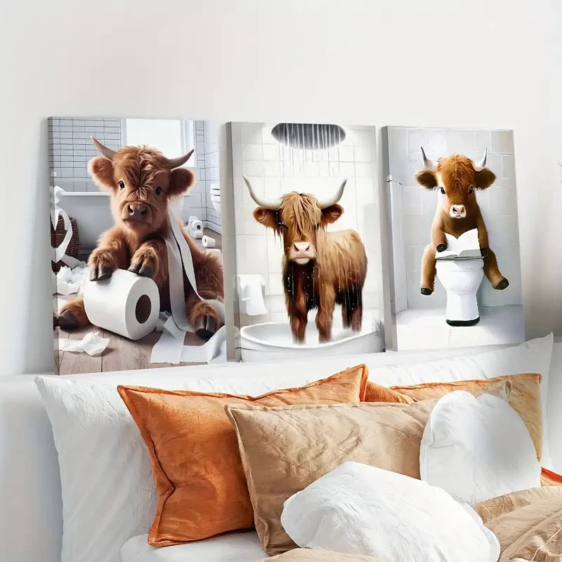 Wall art featuring a Highland cow painting in a rustic style with a white background.