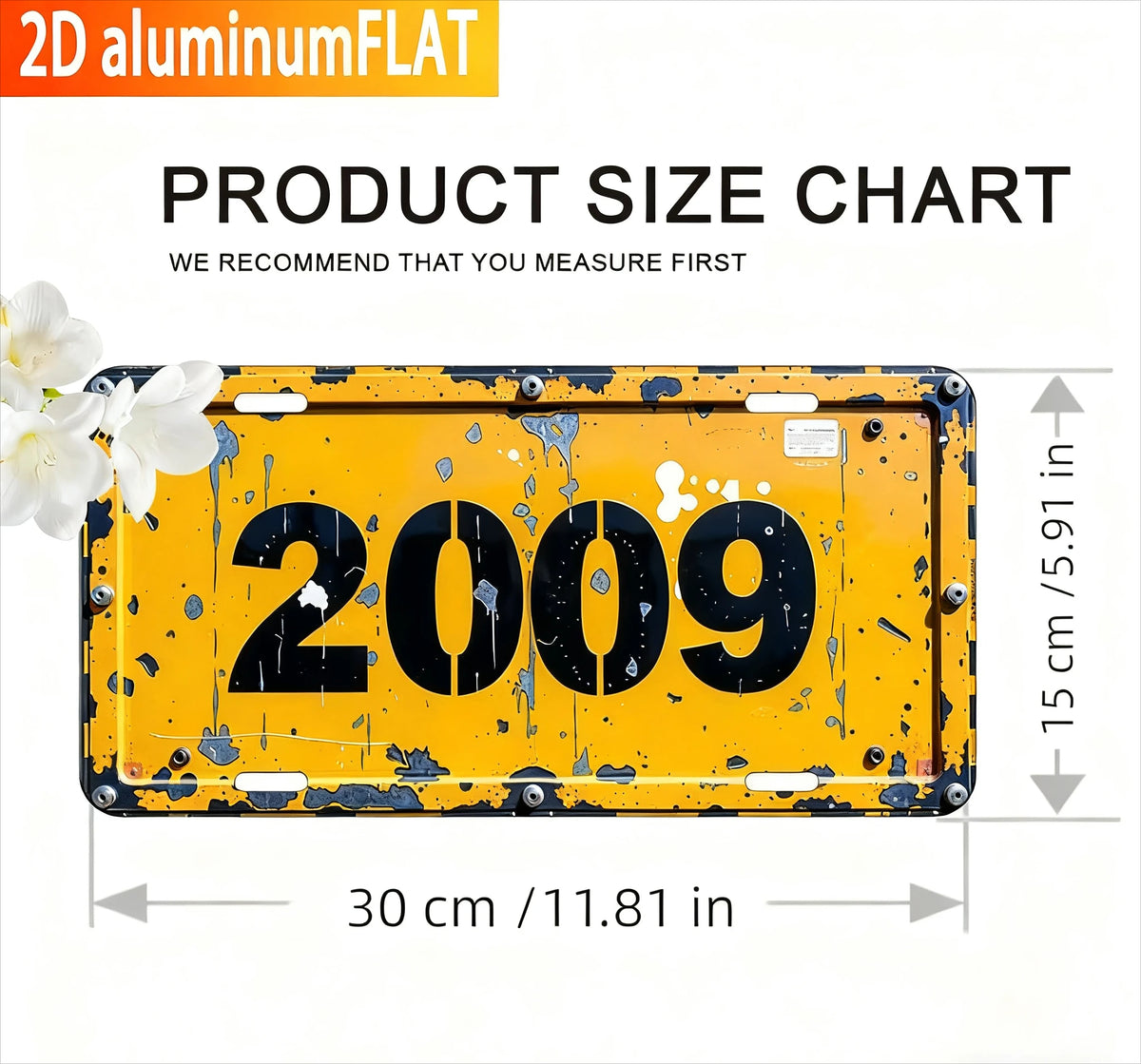 A yellow, distressed aluminum flat sign with the number 2009 printed on it.