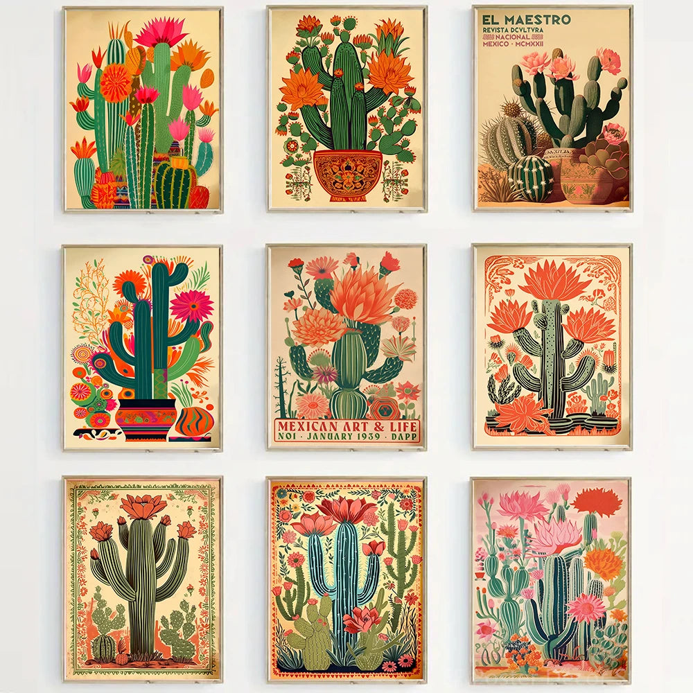 A grid of nine vintage cactus floral art posters featuring vibrant colors and detailed illustrations.
