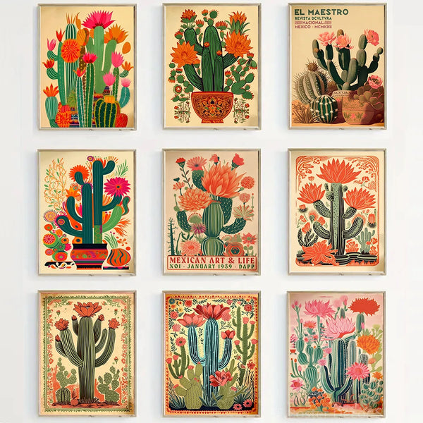 A grid of nine vintage cactus floral art posters featuring vibrant colors and detailed illustrations.
