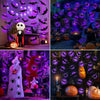A dark Halloween scene featuring glowing bat wall decor, pumpkins, and spooky lighting.