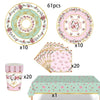Vintage floral paper party tableware set including plates, cups, and napkins displayed on a table.