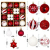 A set of festive Christmas ornaments featuring various designs including snowflakes and geometric patterns in red, white, and