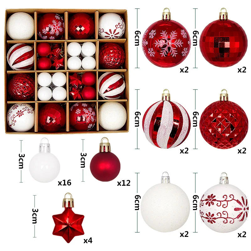 A set of festive Christmas ornaments featuring various designs including snowflakes and geometric patterns in red, white, and