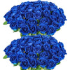 A dense bouquet of artificial silk blue roses.