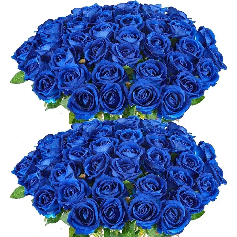 A dense bouquet of artificial silk blue roses.