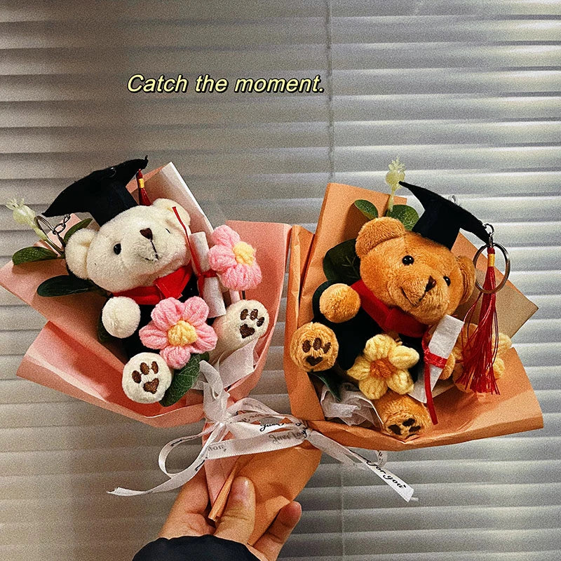A handcrafted crochet flower bouquet featuring a teddy bear and various flowers presented in pink paper bags.