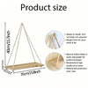A wooden hanging shelf with hemp rope is shown, demonstrating its size and features for installation.