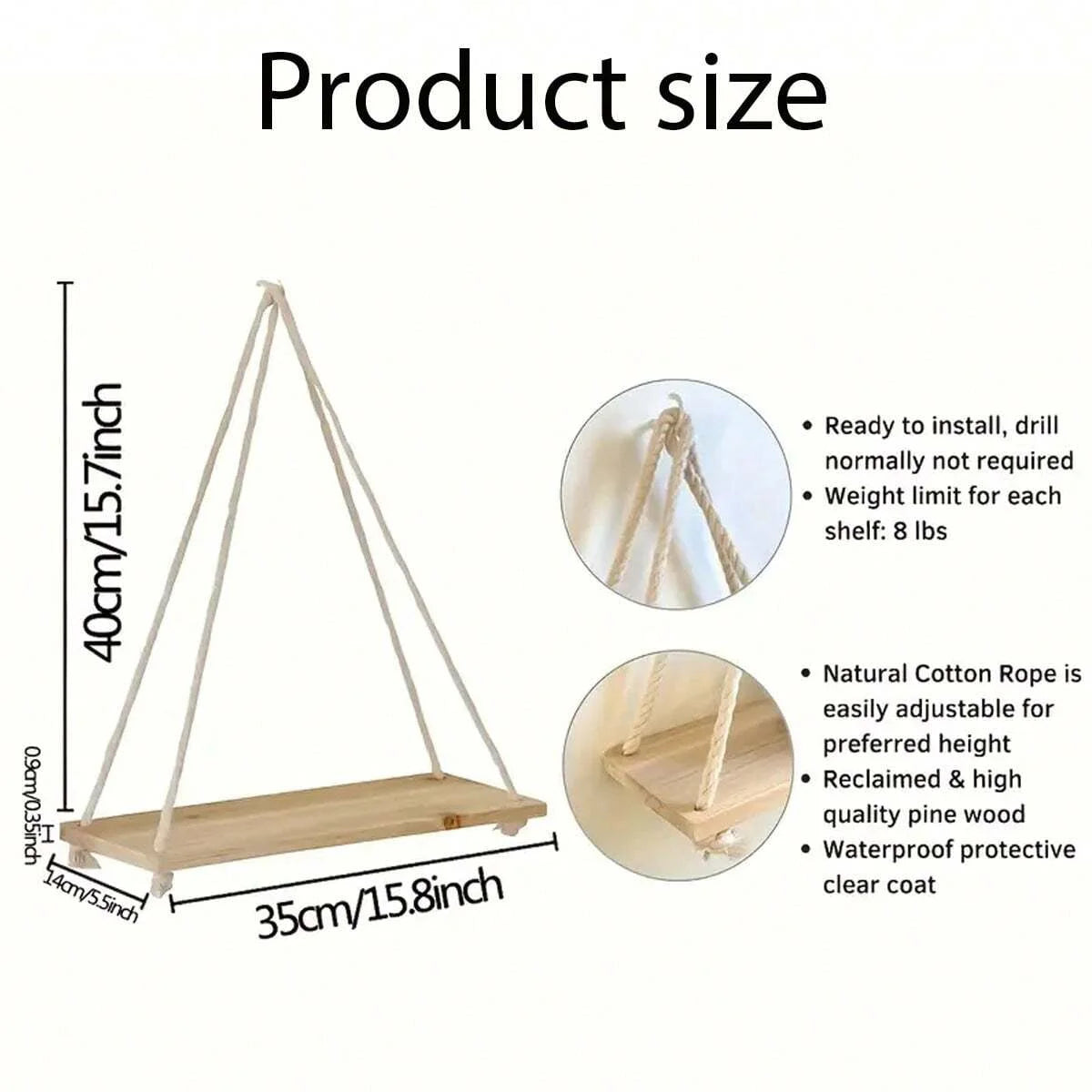 A wooden hanging shelf with hemp rope is shown, demonstrating its size and features for installation.