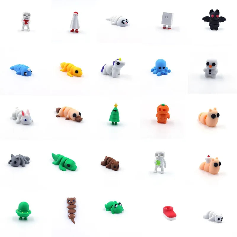 A collection of various 3D printed cartoon animal figurines in different colors and poses.