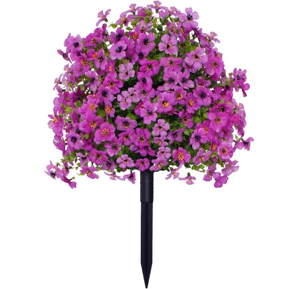 A dense spherical arrangement of vibrant purple and pink artificial eucalyptus violet flowers on a black stem.