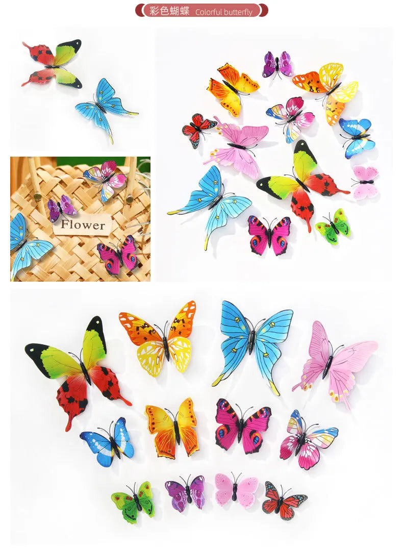 A collection of twelve colorful 3D butterfly wall stickers in various shades and patterns.