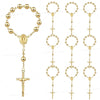 A set of mini baptism rosary favors with crosses in assorted gold styles.