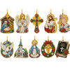 A set of twelve diamond art ornaments featuring religious figures like Mary, Jesus, angels, and saints.