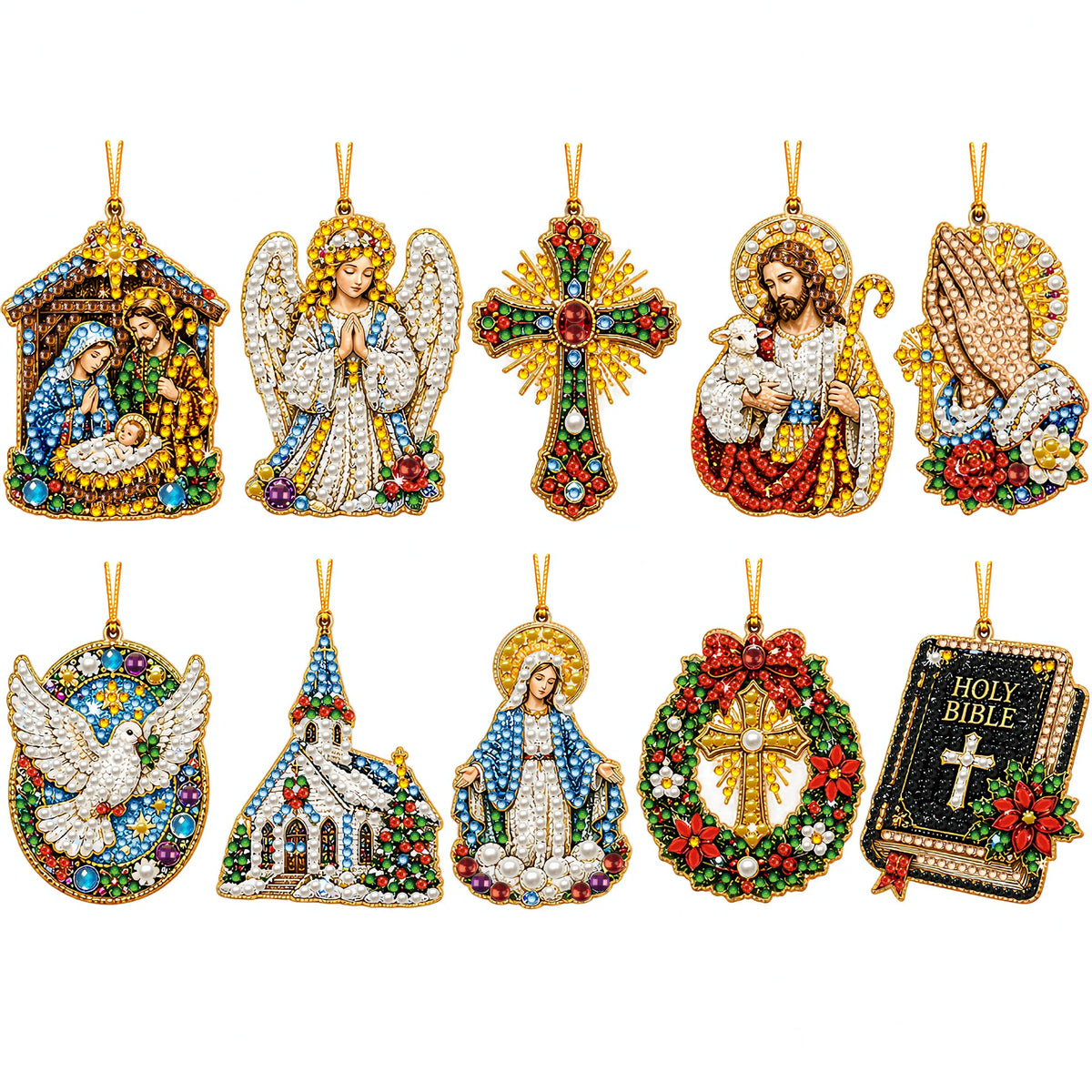 A set of twelve diamond art ornaments featuring religious figures like Mary, Jesus, angels, and saints.