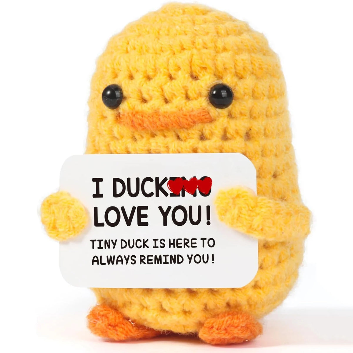 Handmade yellow knitted duck plush toy with an inspirational card that says I duck love you