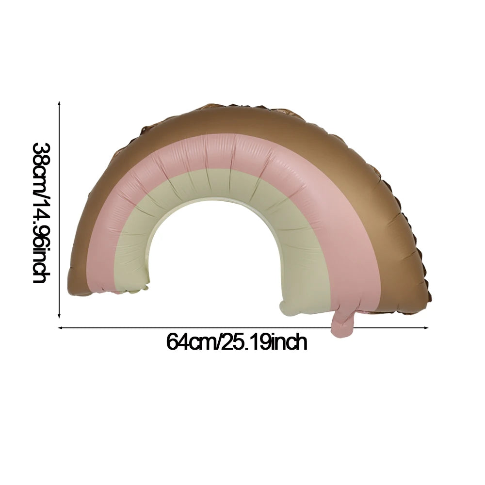 A brown foil balloon shaped like a heart, featuring pink and cream stripes.