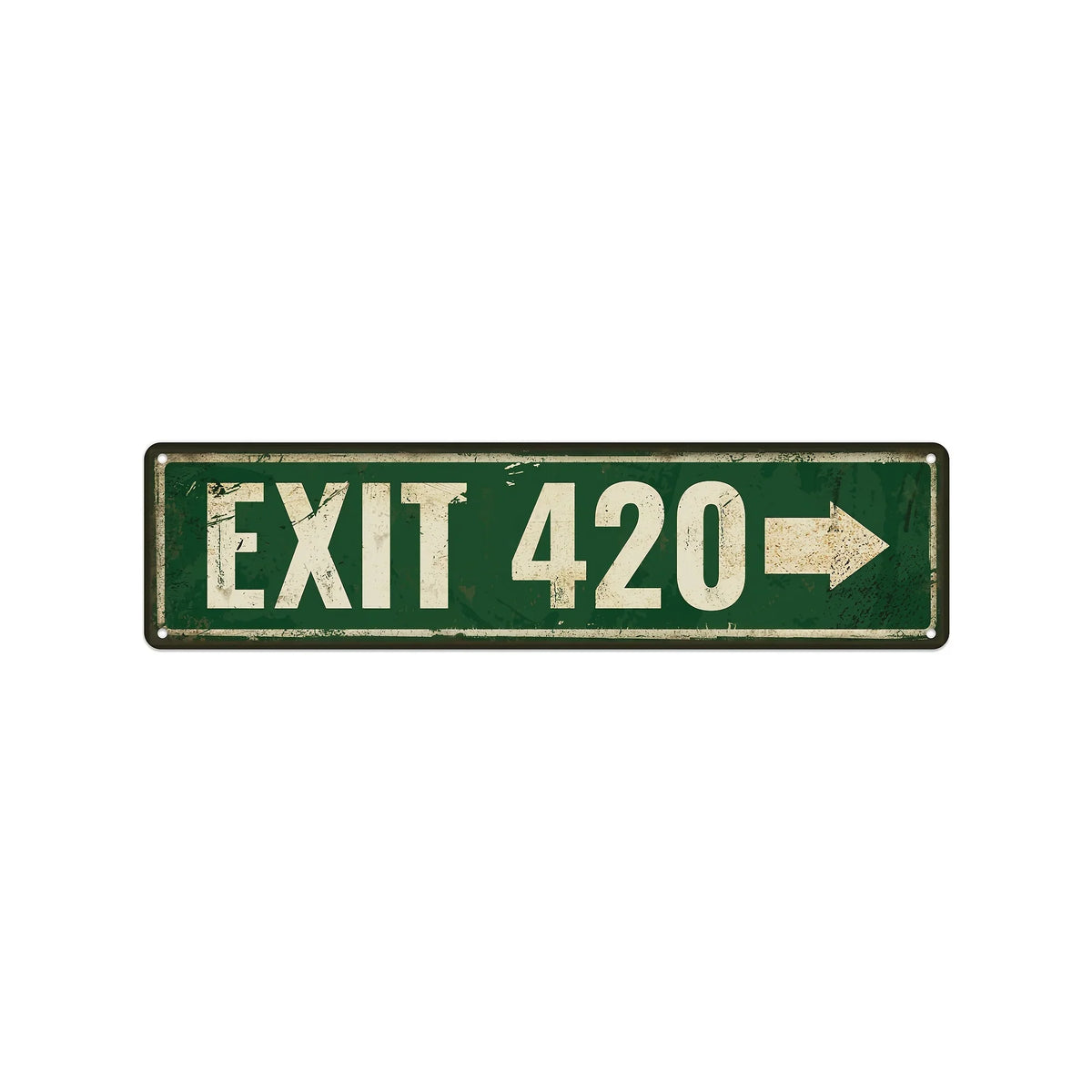 A rectangular, weathered green metal sign with white text that reads EXIT 420 and an arrow pointing right.