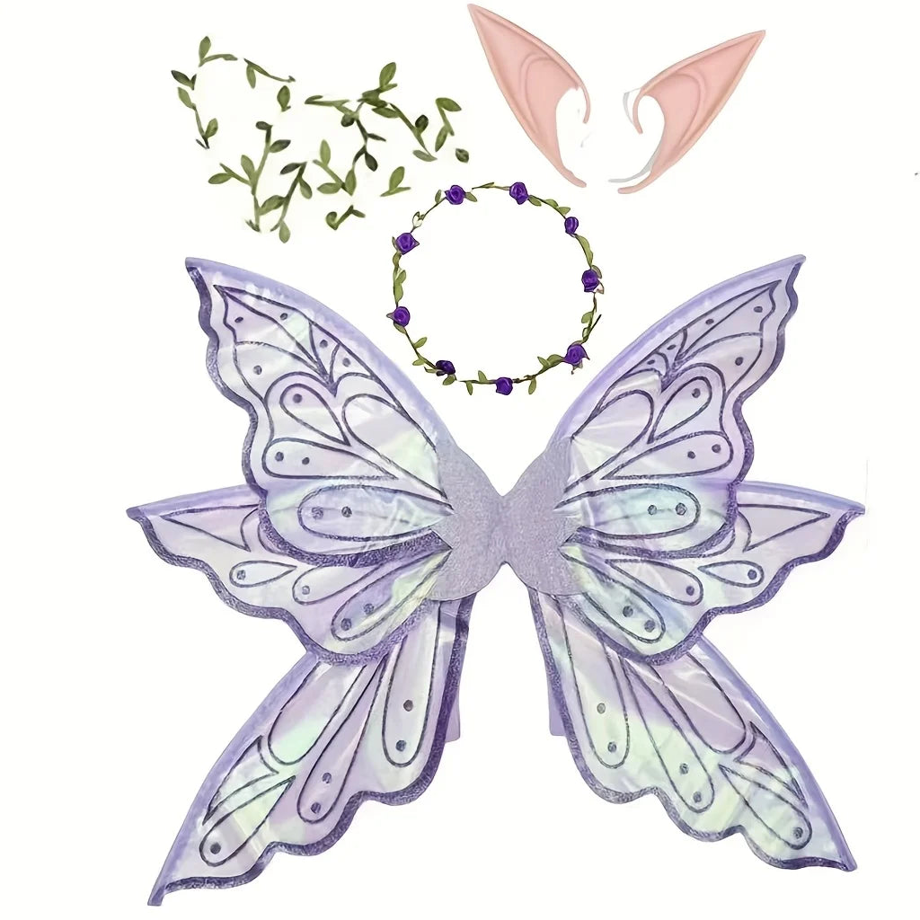 A set of iridescent purple butterfly wings and a flower crown for an enchanted fairy costume.