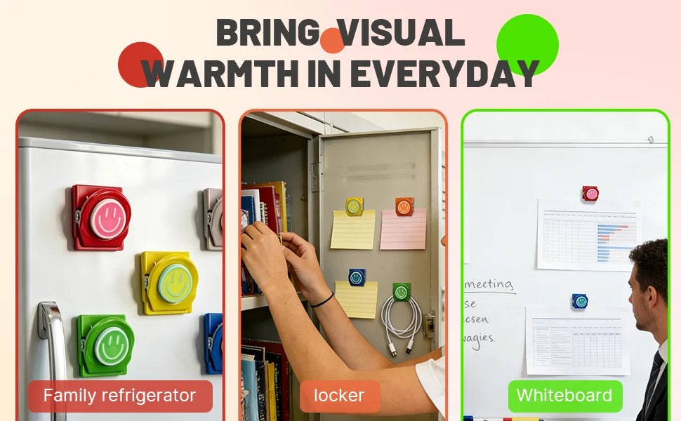 Hands placing colorful magnetic clips on a family refrigerator and a classroom whiteboard.