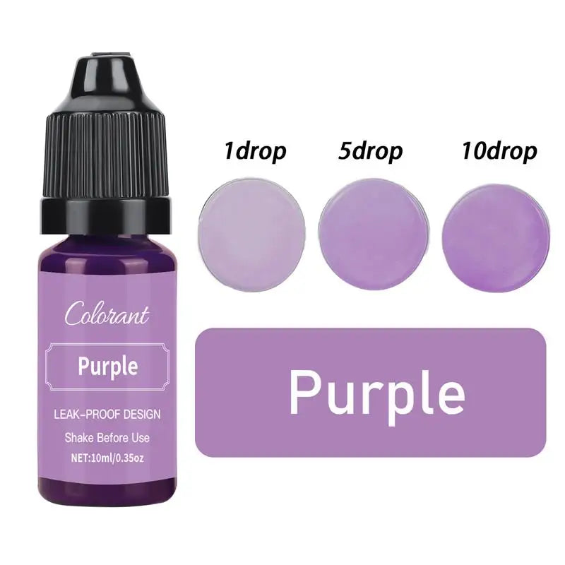 A bottle of purple liquid colorant with dropper tips showing 1, 5, and 10 drops.