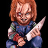 A detailed painting of the Chucky horror doll, featuring orange hair and blood effects, holding a knife.