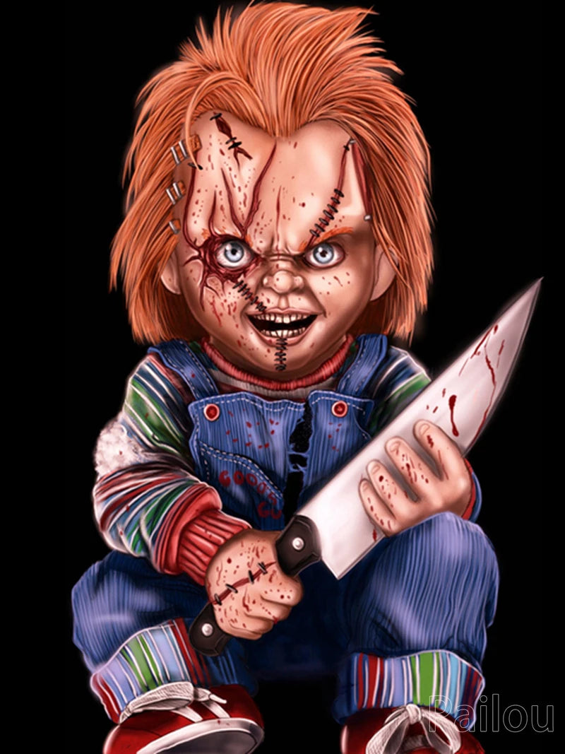 A detailed painting of the Chucky horror doll, featuring orange hair and blood effects, holding a knife.