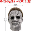 A gray, weathered horror mask resembling Michael Myers, shown with size dimensions.