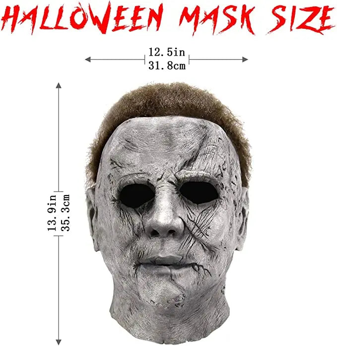 A gray, weathered horror mask resembling Michael Myers, shown with size dimensions.