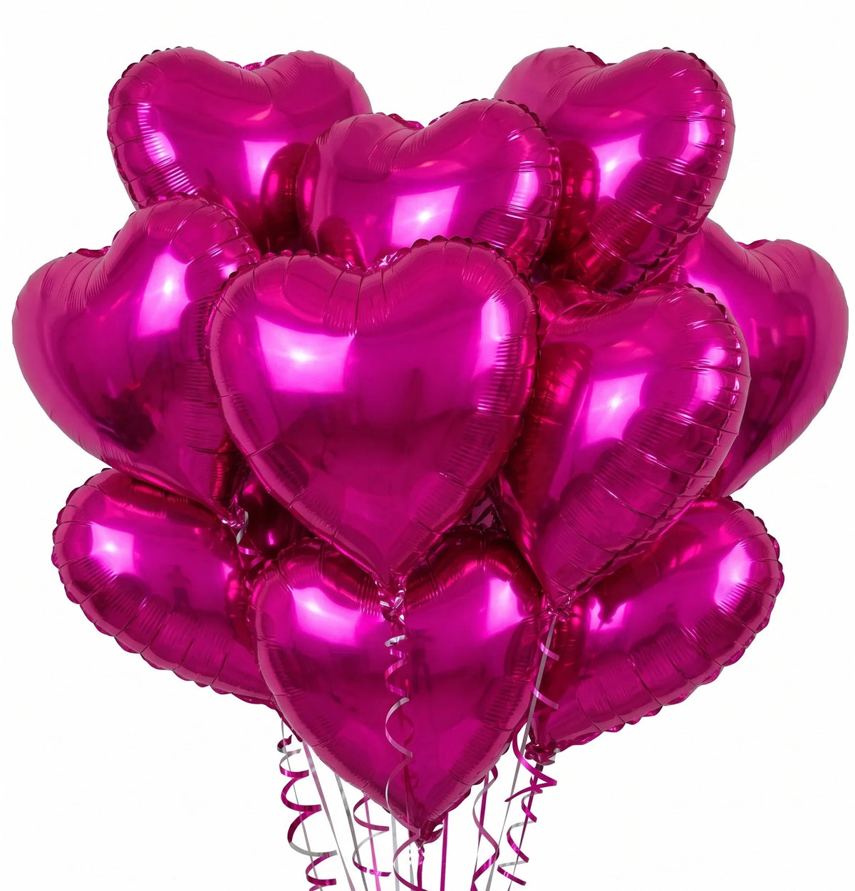 A bouquet of ten metallic pink heart-shaped foil balloons tied together with ribbons.