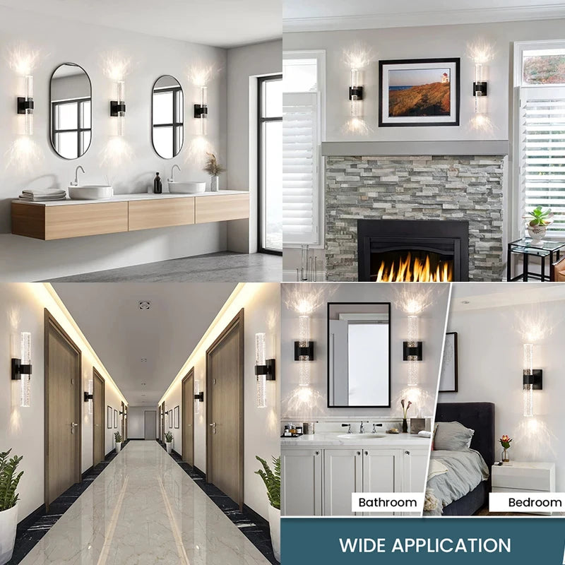Modern bubble crystal LED wall sconces illuminating a modern bathroom and bedroom interior.