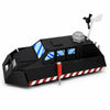 A black 3D printed display model of a Tornado intercept vehicle with white and red hazard stripes.