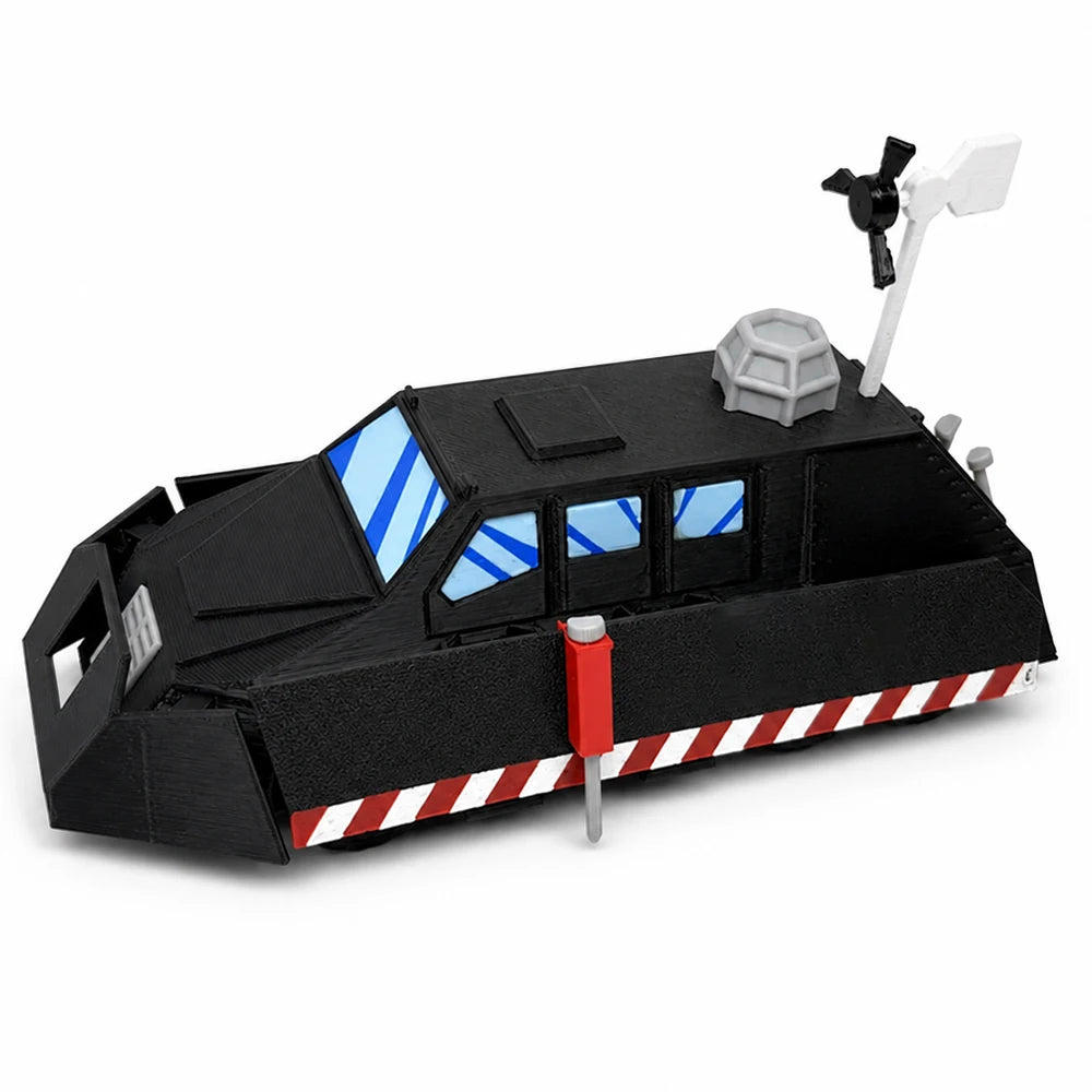 A black 3D printed display model of a Tornado intercept vehicle with white and red hazard stripes.