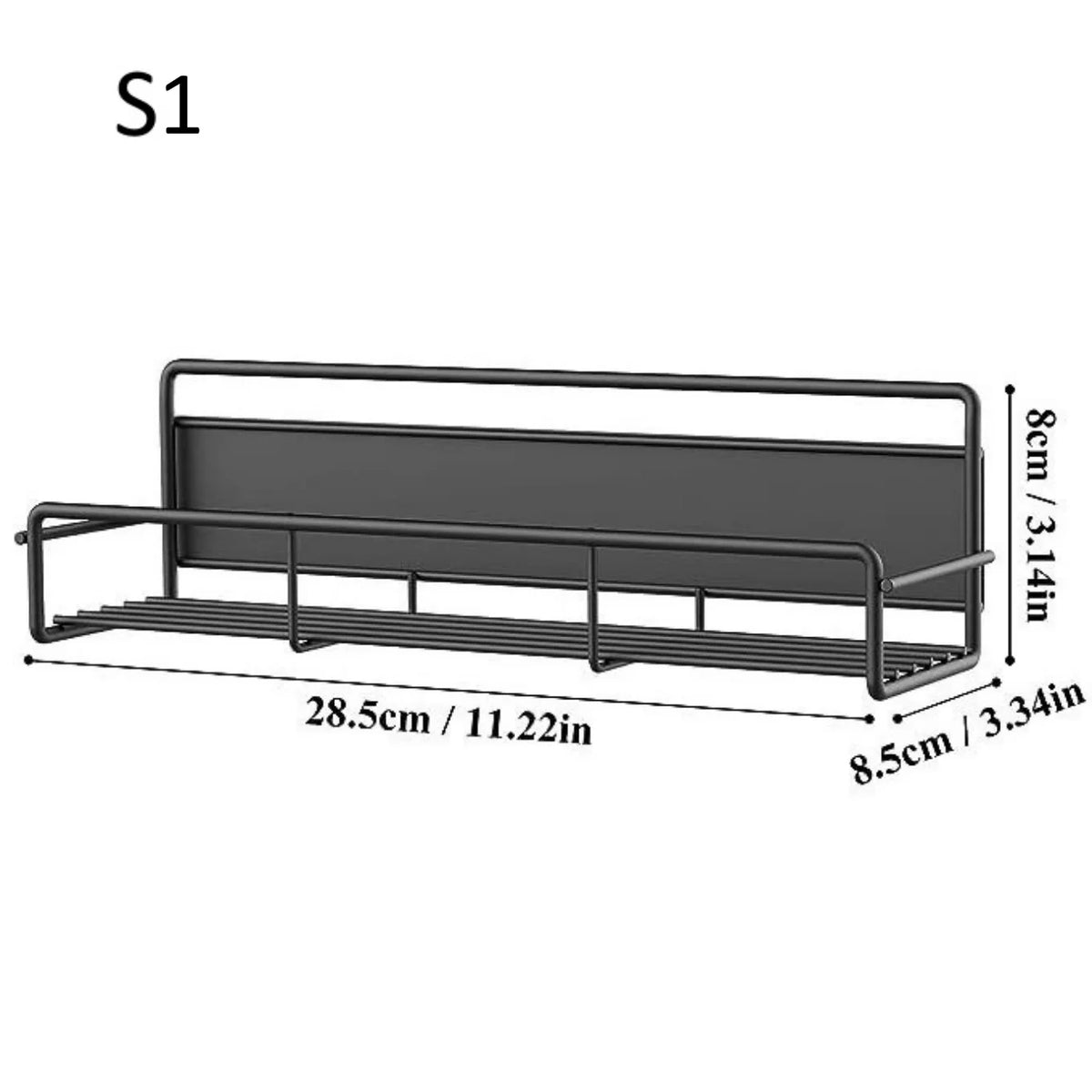 A black magnetic spice rack designed for refrigerator storage.