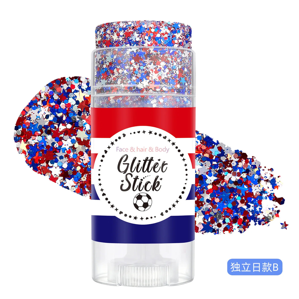 Bouteille transparente de bâton de paillettes avec des rayures rouges et blanches et des paillettes libres autour.